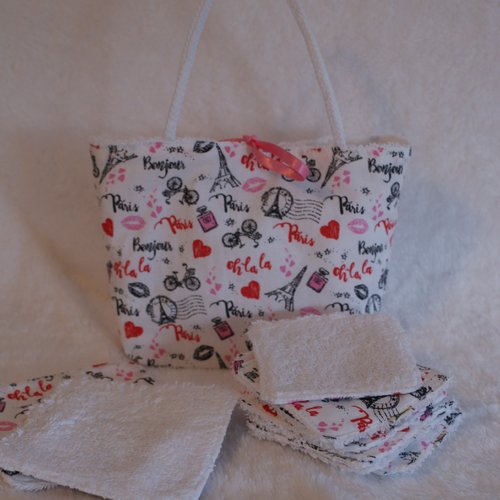 Sac et linguettes reutilisables tissu coton imprimé theme paris