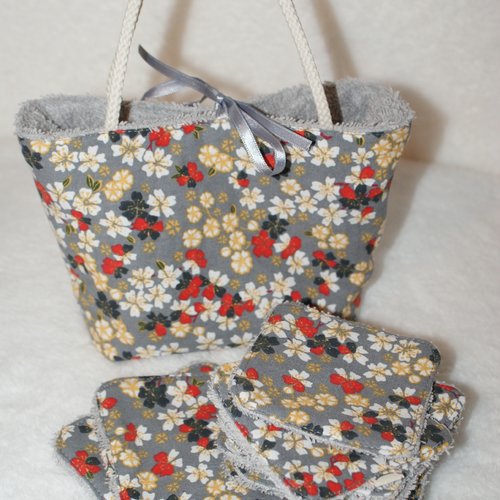 Sac et linguettes reutilisables tissu coton fond gris imprimé de petits fleurs colorées