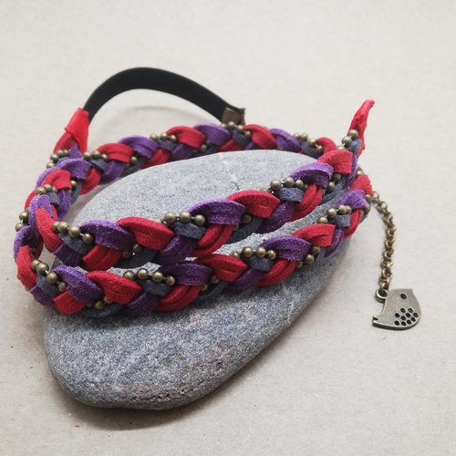 Headband grosse tresse suédine rouge, violet et gris