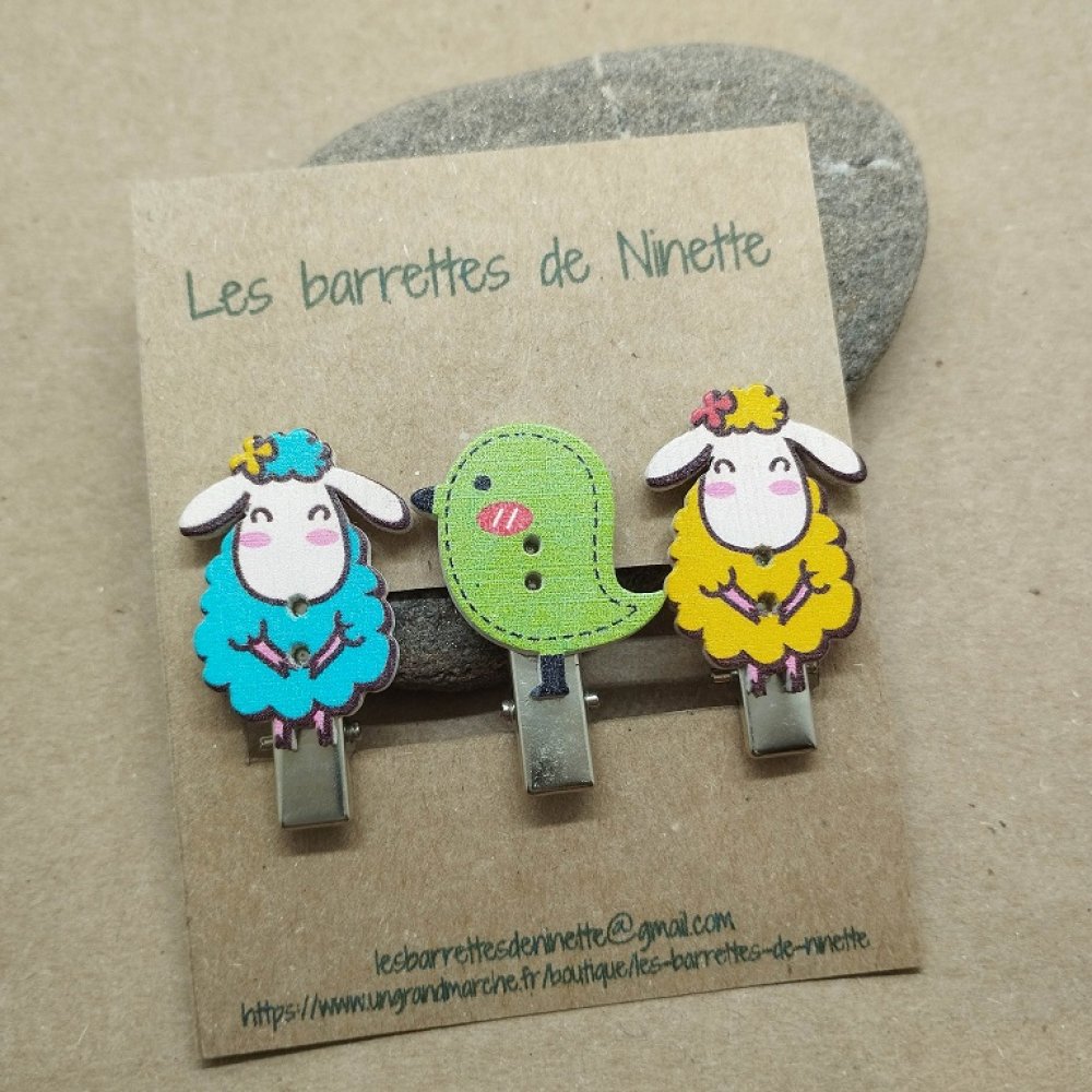 Barrettes mouton et oiseau en bois - Un grand marché