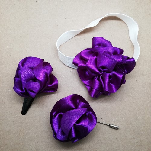 Fleur en satin violet pour coiffure de cérémonie - barrette, bandeau bébé, broche fibule, crocodile, peigne
