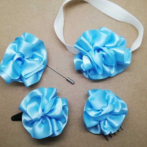 Fleur en satin bleu pour coiffure de cérémonie - barrette, broche, bandeau bébé, peigne