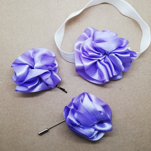 Fleur en satin violet pour coiffure de cérémonie : barrette, broche, bandeau bébé, peigne