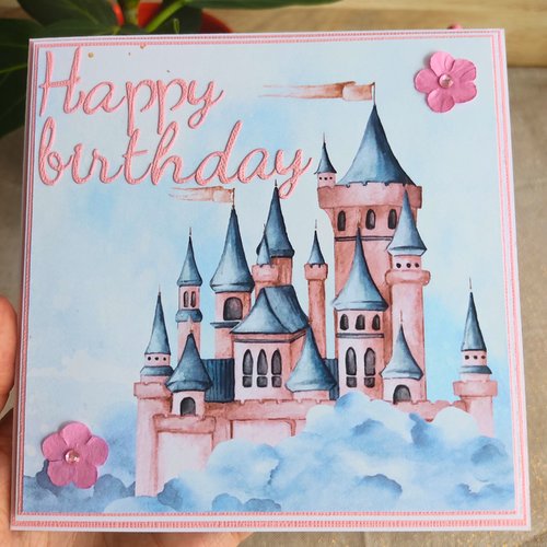 Carte château magique personnalisée – fait main – anniversaire, invitation – cadeau fille original - avec enveloppe