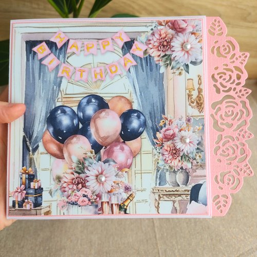 Carte d’anniversaire "happy birthday" – fleurs et ballons – carte fait main personnalisée femme – invitation, félicitations