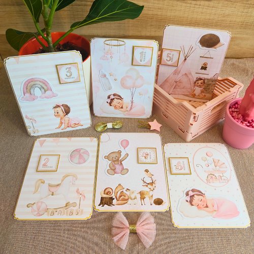 Cartes étapes bébé fille – collection sweet baby girl - 12 cartes photo – cadeau de naissance artisanal - premières fois de bébé
