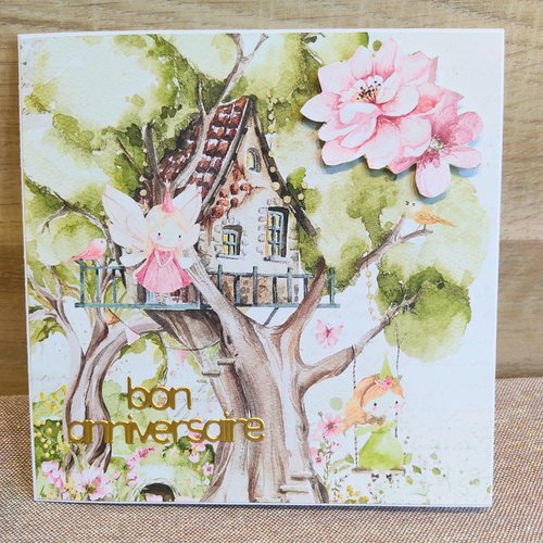 Carte d'anniversaire "forêt magique et fées" -  cadeau pour enfant fille - avec enveloppe - carte faite main artisanale