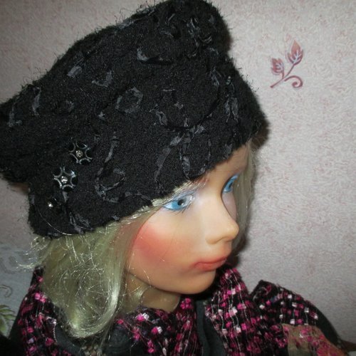 Chapeau hiver noir "elegante" laine bouillie fantaisie style couture