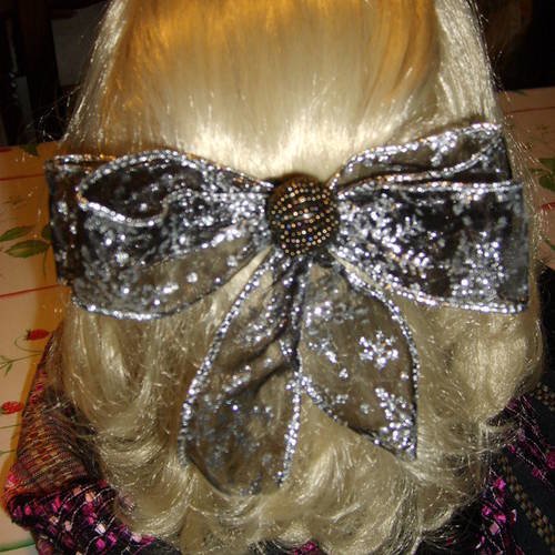 Bijoux cheveux noeud double noir et argent avec perle 