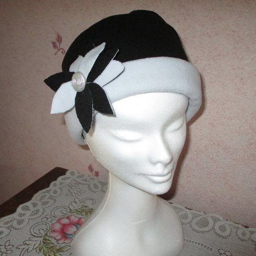 Chapeau femme "premier frimas" polaire noir et blanc style années 30 