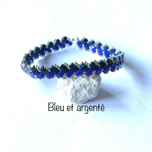 Bracelet laura en perles half tila bicolore bleu marine et argenté