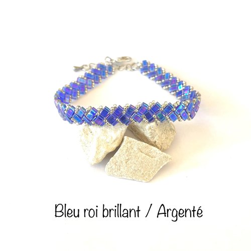 Bracelet laura en perles half tila bleu brillant et argenté