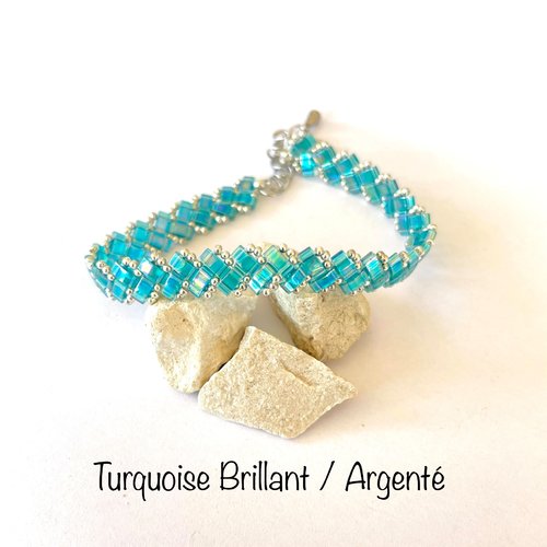 Bracelet laura en perles half tila turquoise foncé et argenté