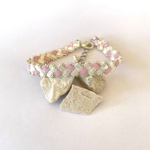 Bracelet laura en perles half tila bicolore blanc/rose pale et argenté