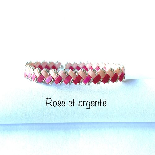 Bracelet laura en perles half tila bicolore framboise/rose pale et argenté