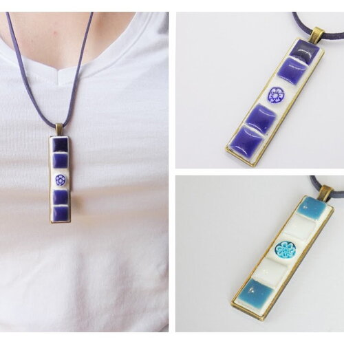 Collier sautoir femme, pendentif mosaïque rectangulaire en porcelaine bleue et millefiori fleuri. pièce unique artisanale.