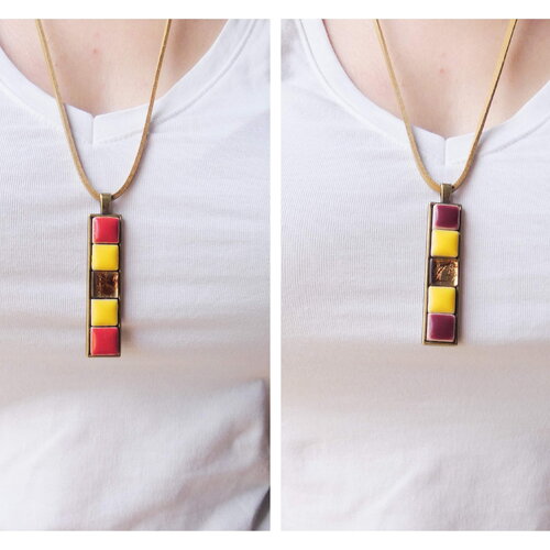 Colliers sautoirs femme, pendentifs mosaïques rectangulaires en porcelaine colorée et pâte de verre mordorée. bijoux artisanaux uniques.