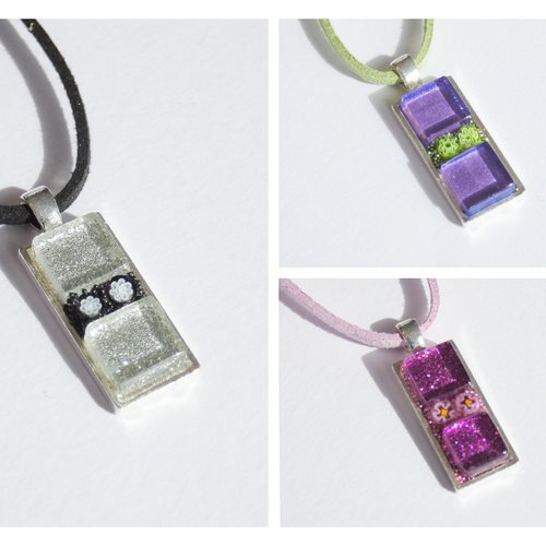 Petits pendentifs mosaïques rectangulaires, pâte de verre translucide pailleté et millefiori fleurs. bijoux en plusieurs coloris