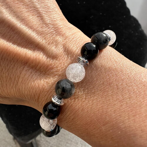 Bracelet femme en cristal de roche craquelé, larvikite, onyx