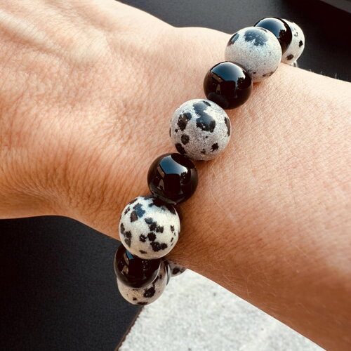Bracelet femme en jaspe dalmatien et onyx noir