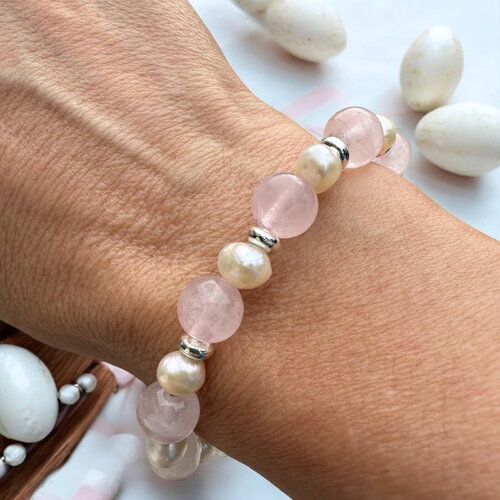 Bracelet femme en quartz rose brillant et perles d’eau douce