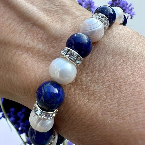 Bracelet femme en perles de lapis lazuli, eau douce et rondelles strass