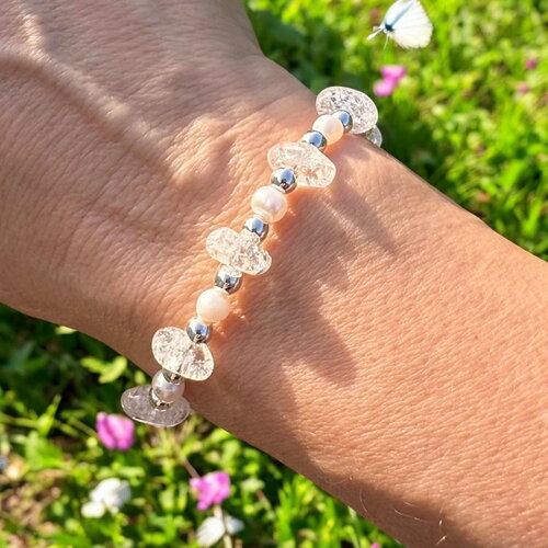 Bracelet en pépites de cristal craquelé, perles d’eau douce et hématite