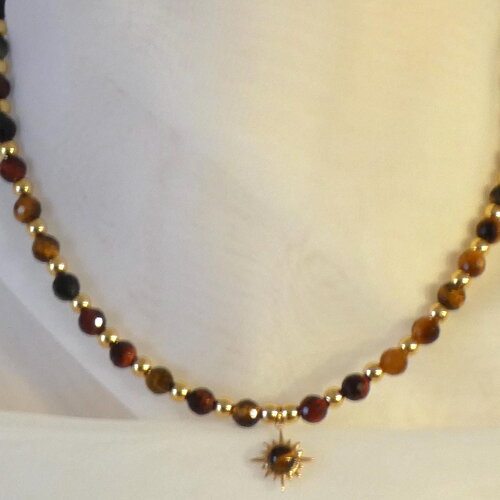 Collier en perles facettées 3 yeux (œil de tigre, œil de faucon, œil de taureau) et perles dorées en hématite