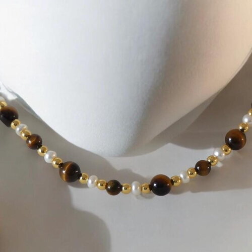 Collier en perles d’œil de tigre et perles d’eau douce