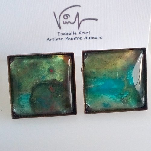 Boutons manchettes laiton avec cabochons carres aquarelle originale,la mer bleu vert,cadeau fete anniversaire noel