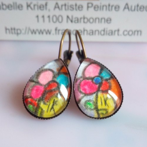 Peint artiste française,boucles oreilles dormeuses gouttes laiton bronze,aquarelle fleur rouge rose orange bleu jaune,cadeau fete noel