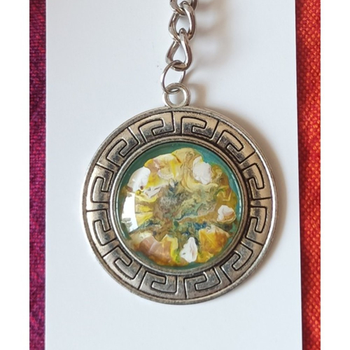 Art portable,porte cle argente avec cabochon rond en verre,peint par artiste,art abstrait marin fantastique,mini tableau