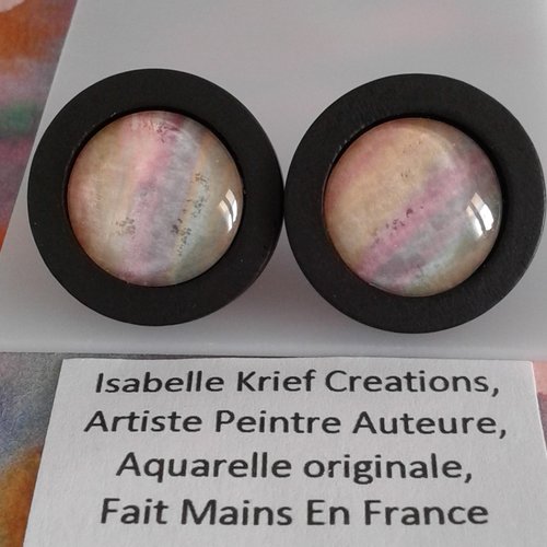 Peint artiste française,boucles oreilles bois acier,aquarelle ,fait mains en france,noir rose vert jaune,cadeau bijou femme boho
