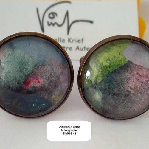 Boutons manchette avec cabochons en verre ronds, aquarelle originale bleu vert,fait mains en france,cadeau accessoire homme unisex