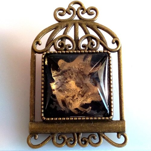 Peint artiste francaise,broche cage laiton bronze avec cabochon carré et fermoir epingle,art abstrait fantastique fait mains en france