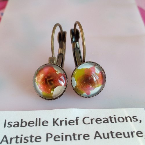Boucles oreilles dormeuses laiton bronze avec cabochons ronds en verre peint, vert rose orange blanc,cadeau fete anniversaire noel