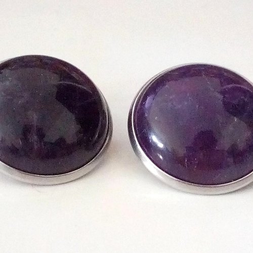 Amethyste, clips oreilles non percees avec cabochon rond 20mm, quartz pierre fine violet,acier inoxydable,fait mains en france