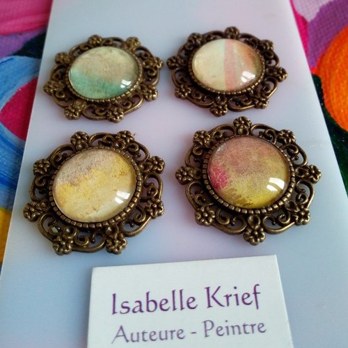 Pendentif laiton bronze avec cabochon aquarelle peint par artiste,fleuri art nouveau,jaune rouge bleu vert,diy bijou fait mains en france
