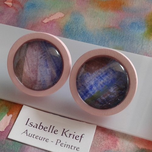 Aquarelle originale ,clous oreille bois acier,poussoir,rose bleu violet vert,bobo boho gothique,fait en france