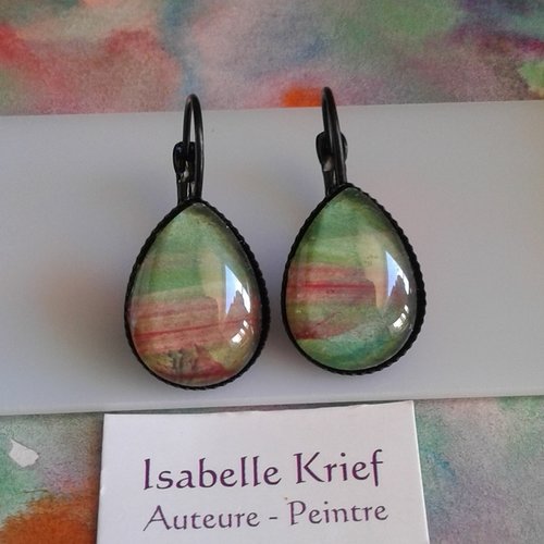 Boucles oreilles dormeuses avec cabochons en verre gouttes, aquarelle peinture originale rouge vert,fait mains en occitanie