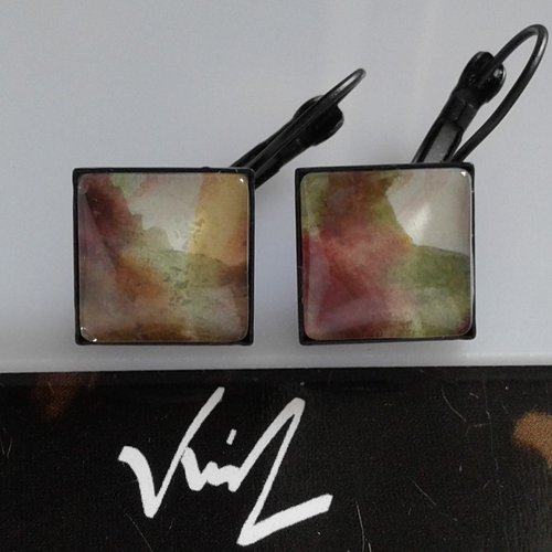 Aquarelle originale,artiste peintre française,dormeuses carrées 12mm,rouge marron vert,jaune orange noir,bobo boho gothique,fashion