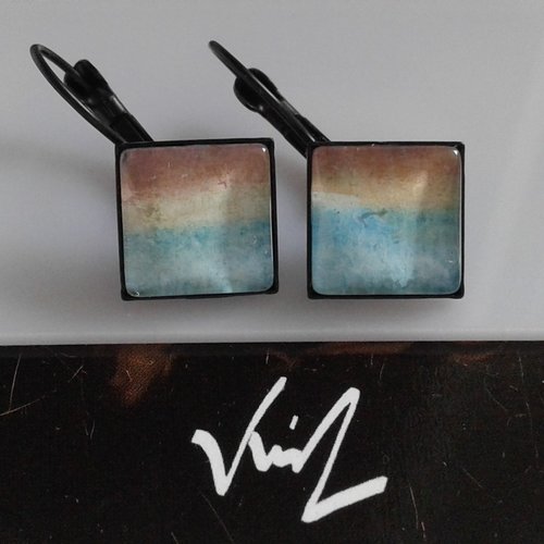 Boucles d oreilles dormeuses avec aquarelle sur cabochon en verre carre,bijou peinture originale,fait mains en france,bijou local