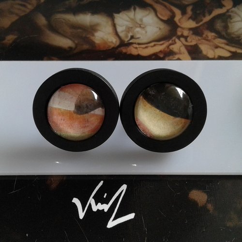 Aquarelle originale,artiste peintre française,clous oreille bois acier,cabochon rond,cadeau fete anniversaire noel