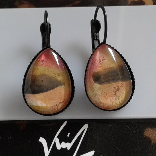 Boucles d oreilles dormeuses avec cabochons gouttes en verre, aquarelle originale,fait mains en france,bijou local
