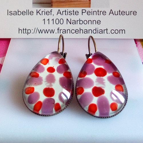 Verre peint,boucles oreilles dormeuses laiton bronze avec cabochons goutte violet rouge blanc,cadeau fete anniversaire noel
