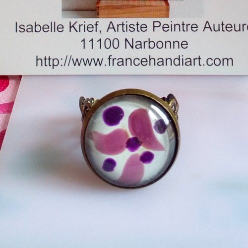 Peint artiste isabelle k,bague laiton bronze ajustable,fleuri filigrane lys royal avec cabochon rond violet rose blanc,cadeau fete