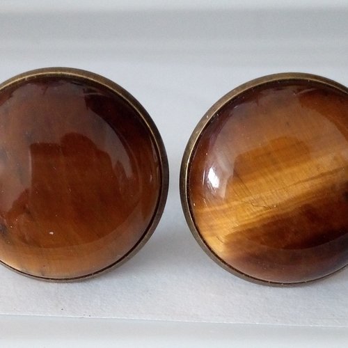 Bouton manchette oeil de tigre,pierre precieuse marron,cabochons ronds 20mm,accessoire costume cravate,cadeau fete anniversaire noel,laiton
