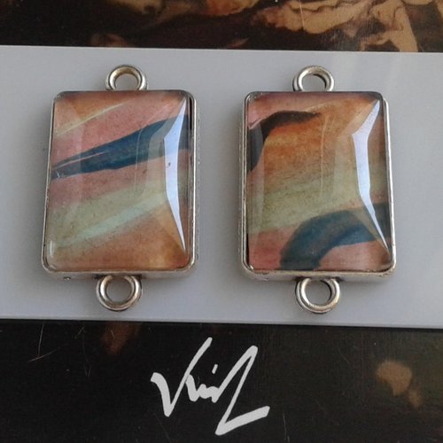 Peint artiste française,pendentif 2 anneaux,cabochon rectangle 18x25mm,aquarelle rose orange vert jaune marron,ethnique gothique,bobo boho