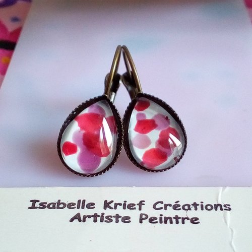 Boucles oreilles dormeuses avec cabochons gouttes en verre peint,violet rose,cadeau fete anniversaire noel,fait mains en france