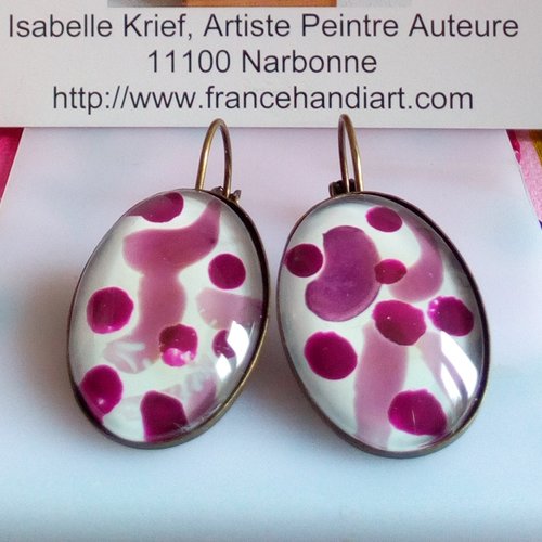 Boucles oreilles dormeuses avec cabochons ovales en verre peint,violet blanc,cadeau fete anniversaire noel,fait mains en france